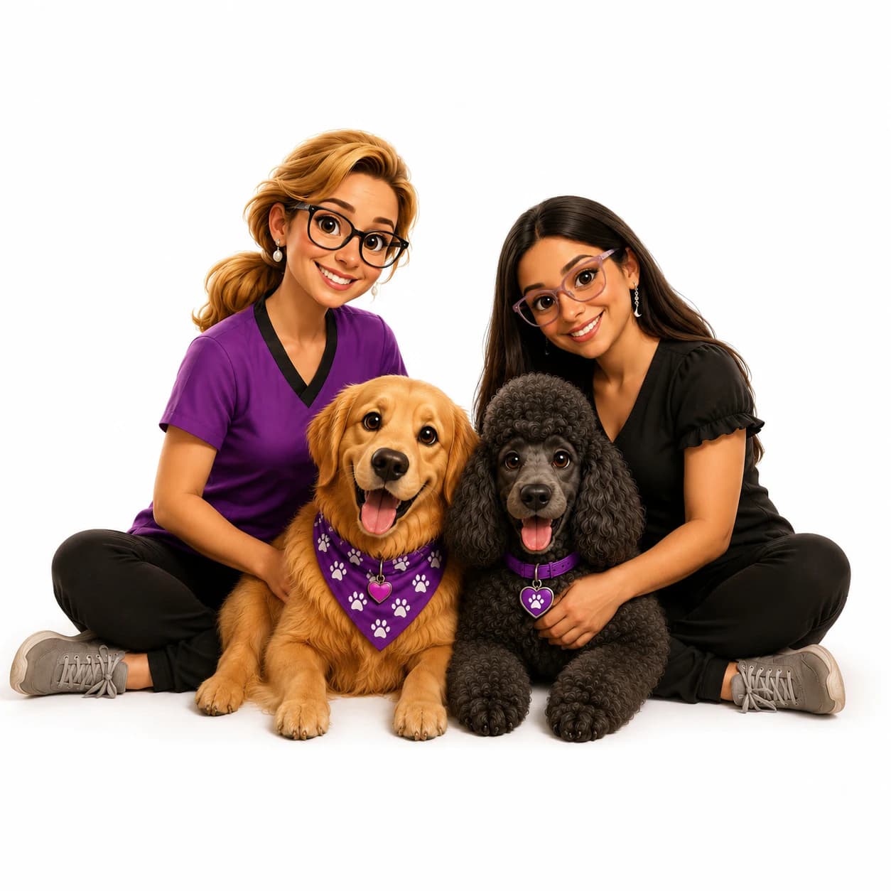 Cris e Paty, da Pet Shop Laikão Caraguá, com um golden retriever e um poodle