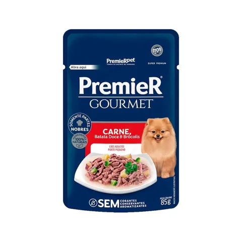 Ração Úmida Sachê Premier Cães Adultos Porte Pequeno Sabor Carne, Batata Doce e Brócolis - 85 G