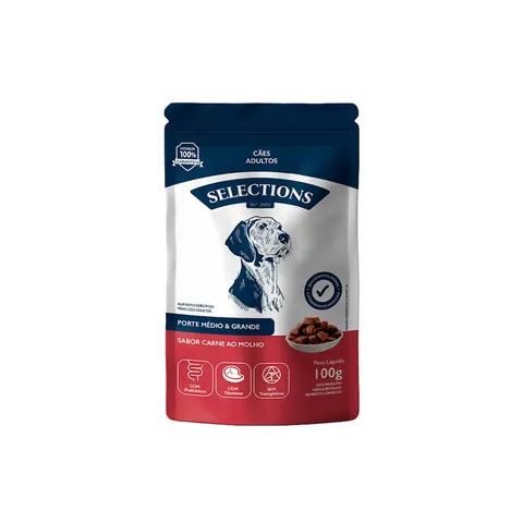 Ração Úmida Selections For Pets Para Cães Adultos de Porte Médio e Grande Sabor Carne Ao Molho 100g